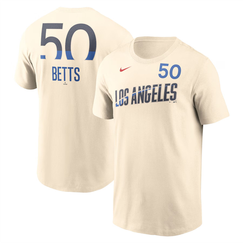 Men's Cream Los Angeles Dodgers #50 Mookie Betts 2024 City Connect Fuse Name & Number T-Shirt